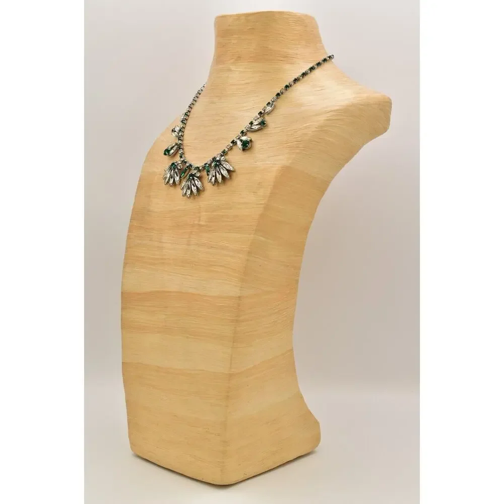 Vintage Crystal Collar Necklace Green Marquise Floral Prong Rhinestone BinBL